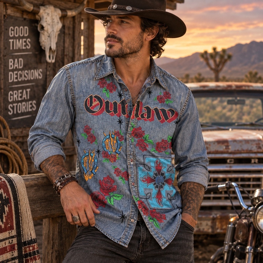 Martini Ranch Outlaw Shirt Mens XXL Western Denim Graphic Rose Cross Blue Y2K